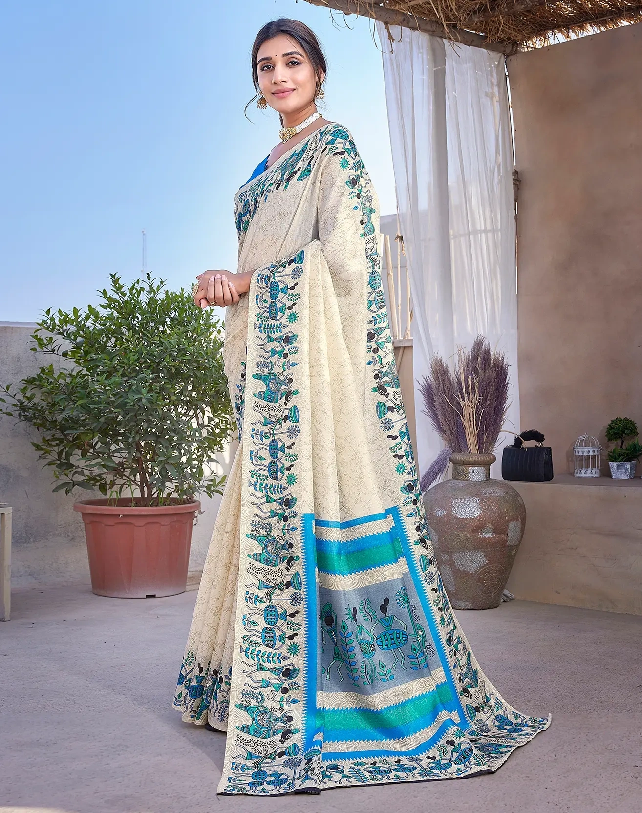 Women's Printed Trendy Art Silk Saree with Blouse-Blue-3