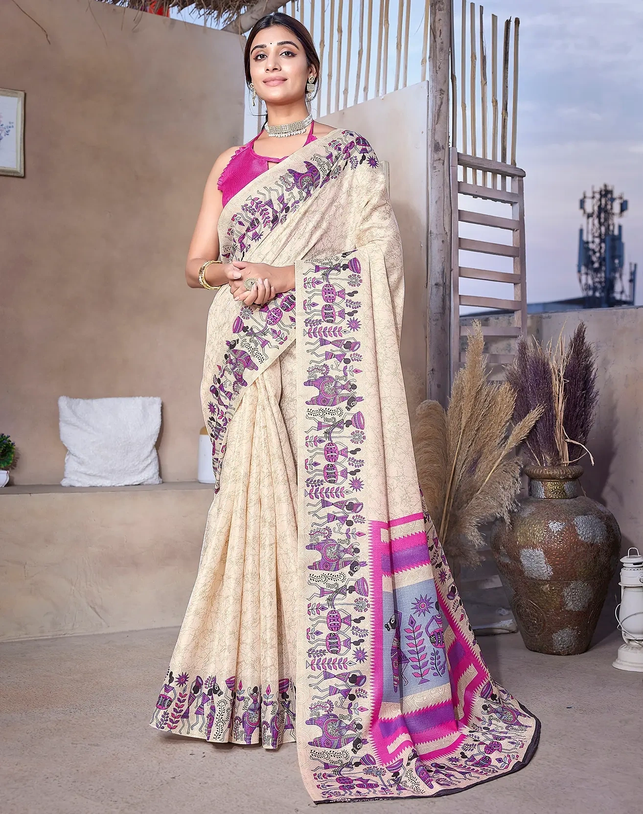 Women's Printed Trendy Art Silk Saree with Blouse-VIVO-Pink