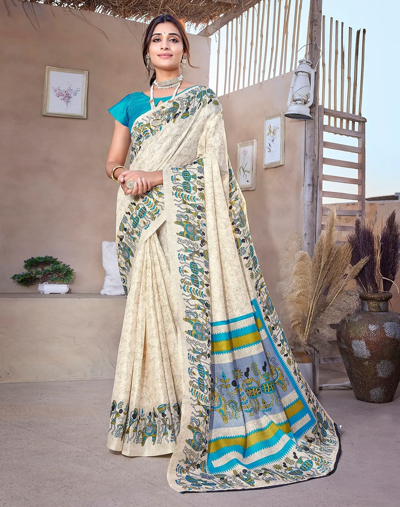 Women's Printed Trendy Art Silk Saree with Blouse-VIVO-Sky