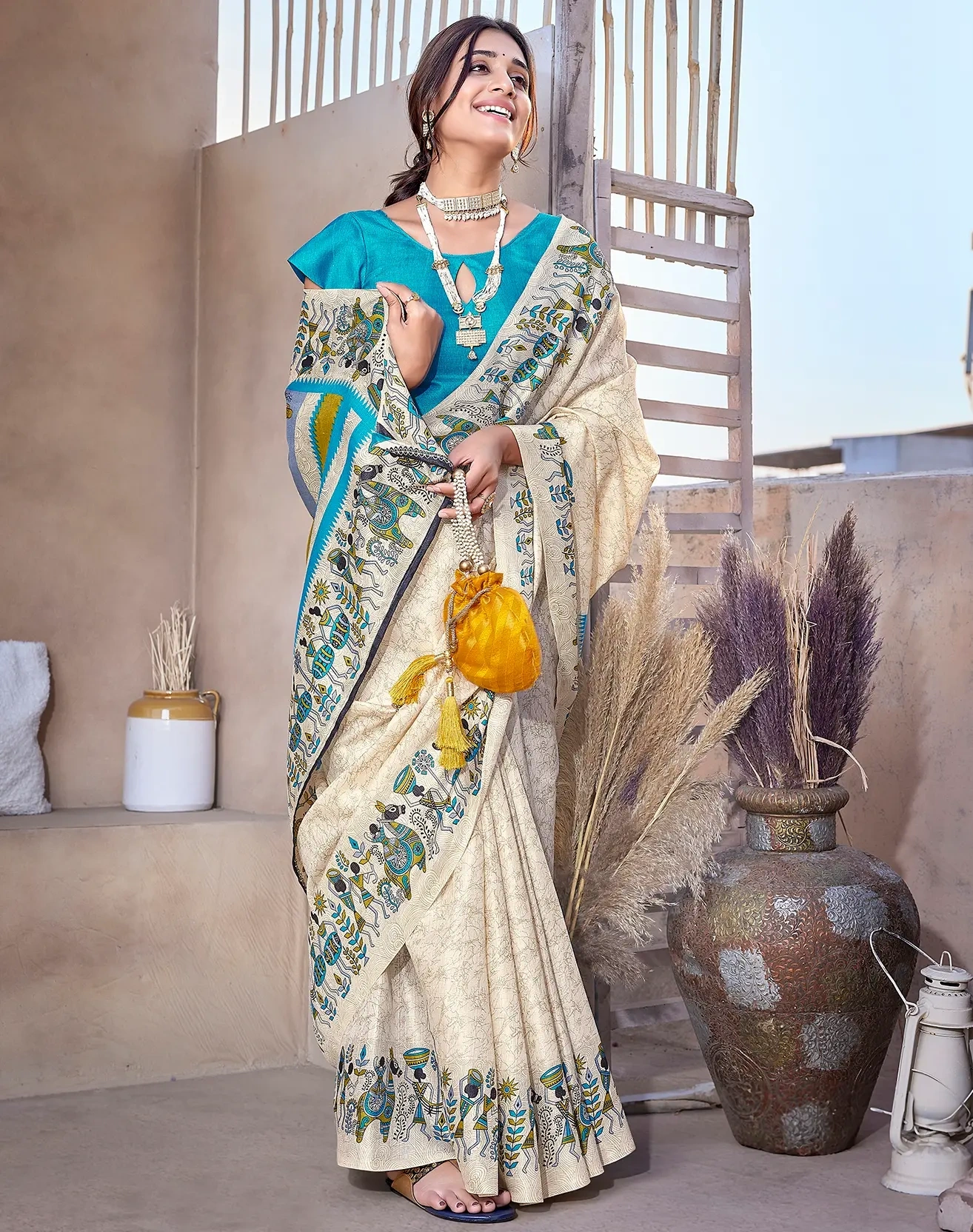 Women's Printed Trendy Art Silk Saree with Blouse-Cyan-1