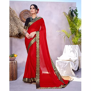 Lycra Blend Saree with Leaf Lace Border