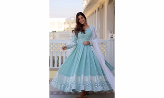 Cyan Georgette Gown with Thread Work
