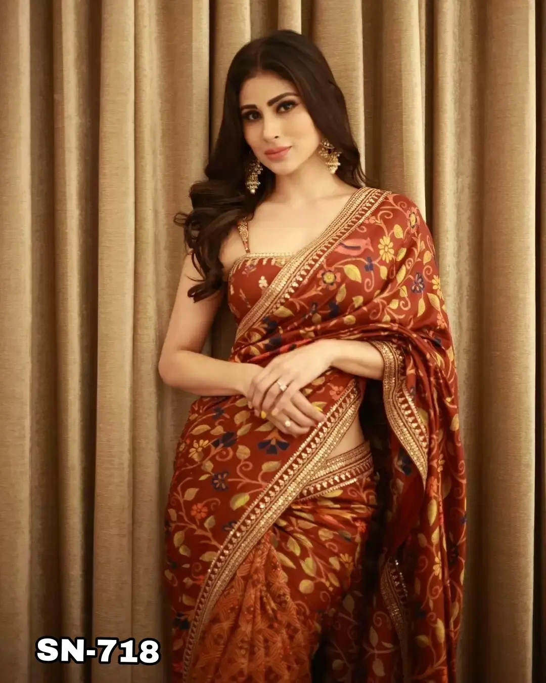 Women's Chinon Silk Digital Print Saree (Mouni Roy Flower)-SN-718