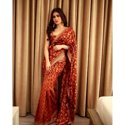 SHIV Women's Chinon Silk Digital Print Saree (Mouni Roy Flower)