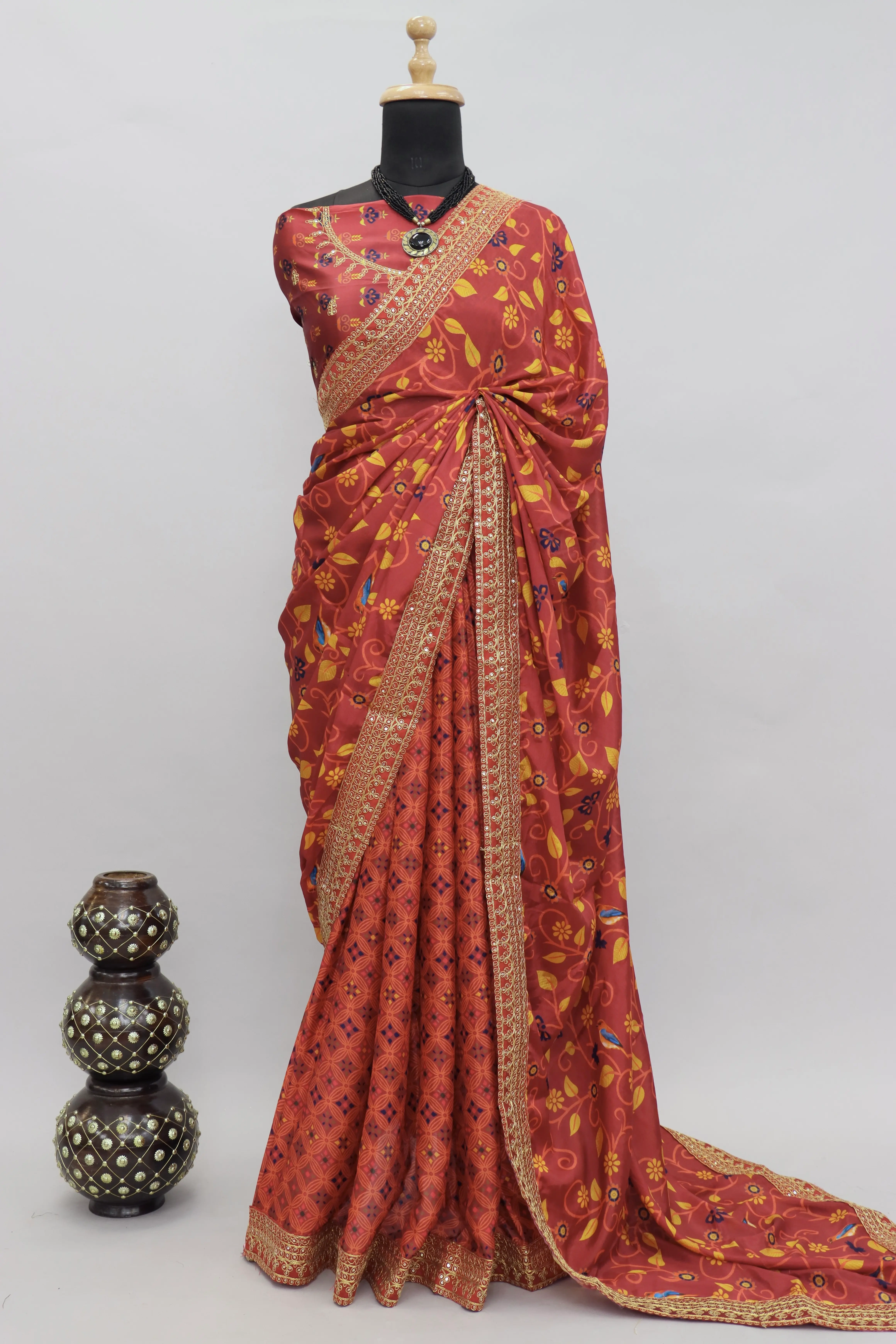 Women's Chinon Silk Digital Print Saree (Mouni Roy Flower)-4