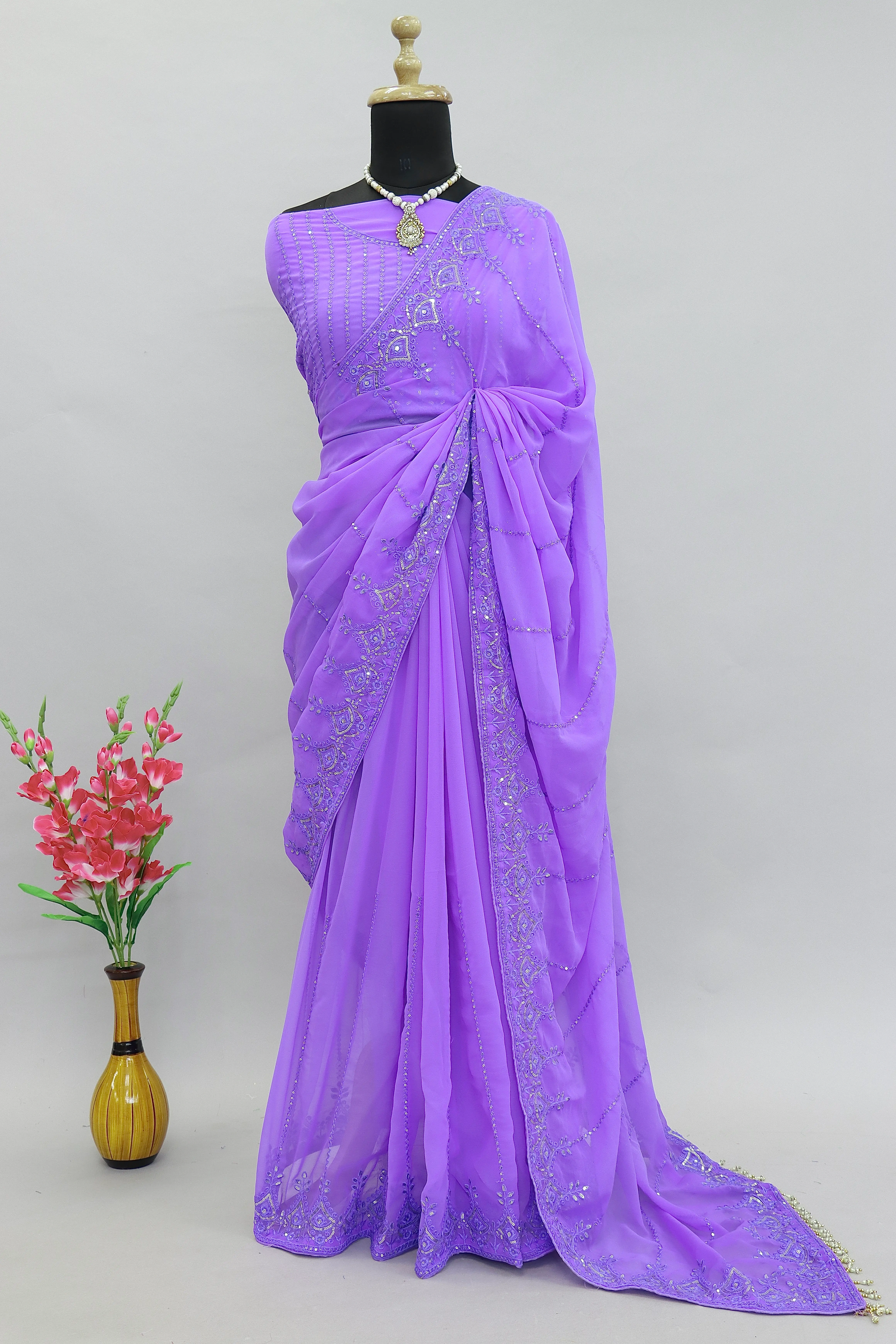 Lavender Color Floral Georgette Saree - Elegant Indian Ethnic Wear-4