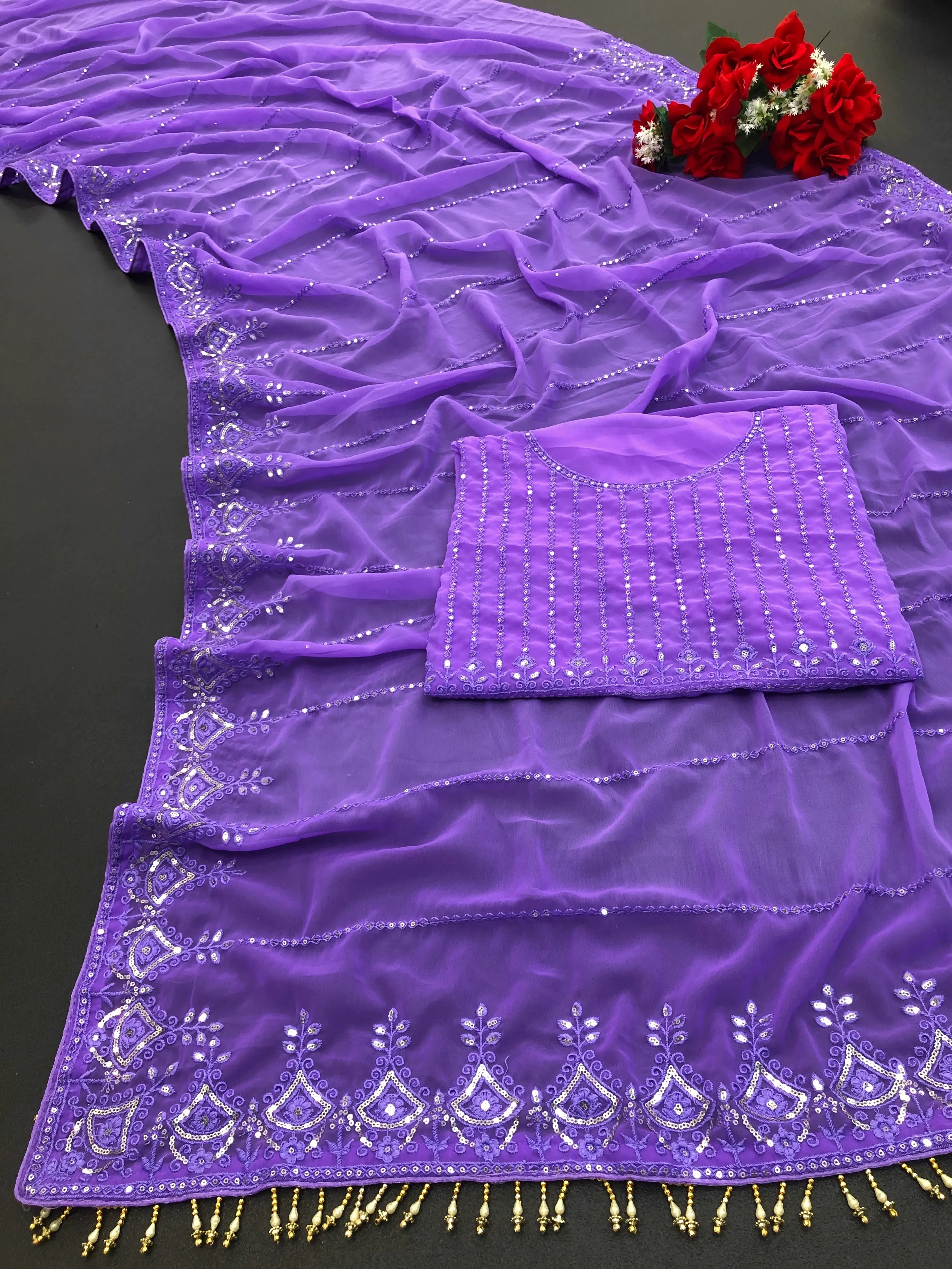 Lavender Color Floral Georgette Saree - Elegant Indian Ethnic Wear-5