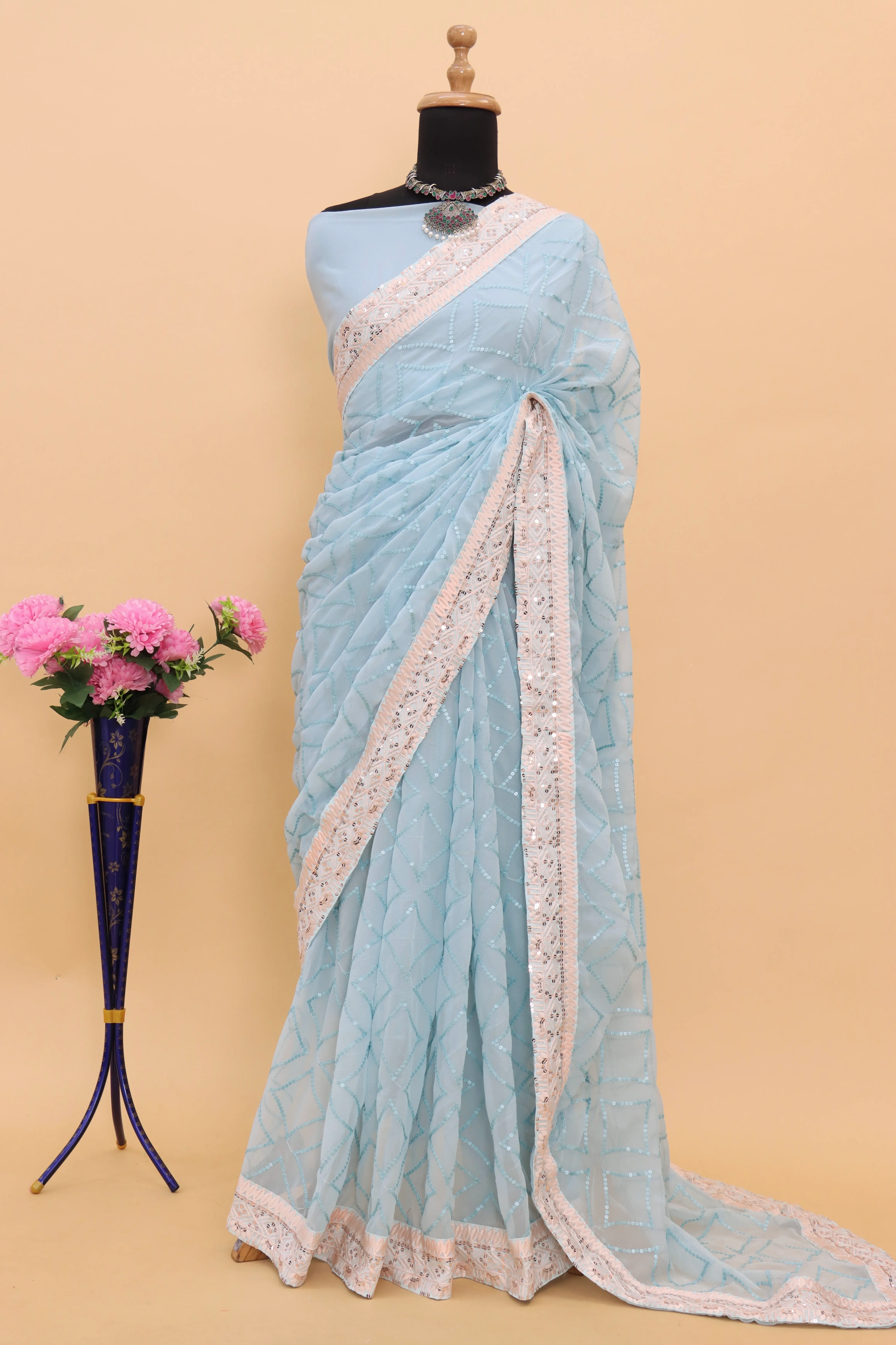 Katrina Kaif Blue Georgette Saree - Elegant Ethnic Attire for Special Occasions-4