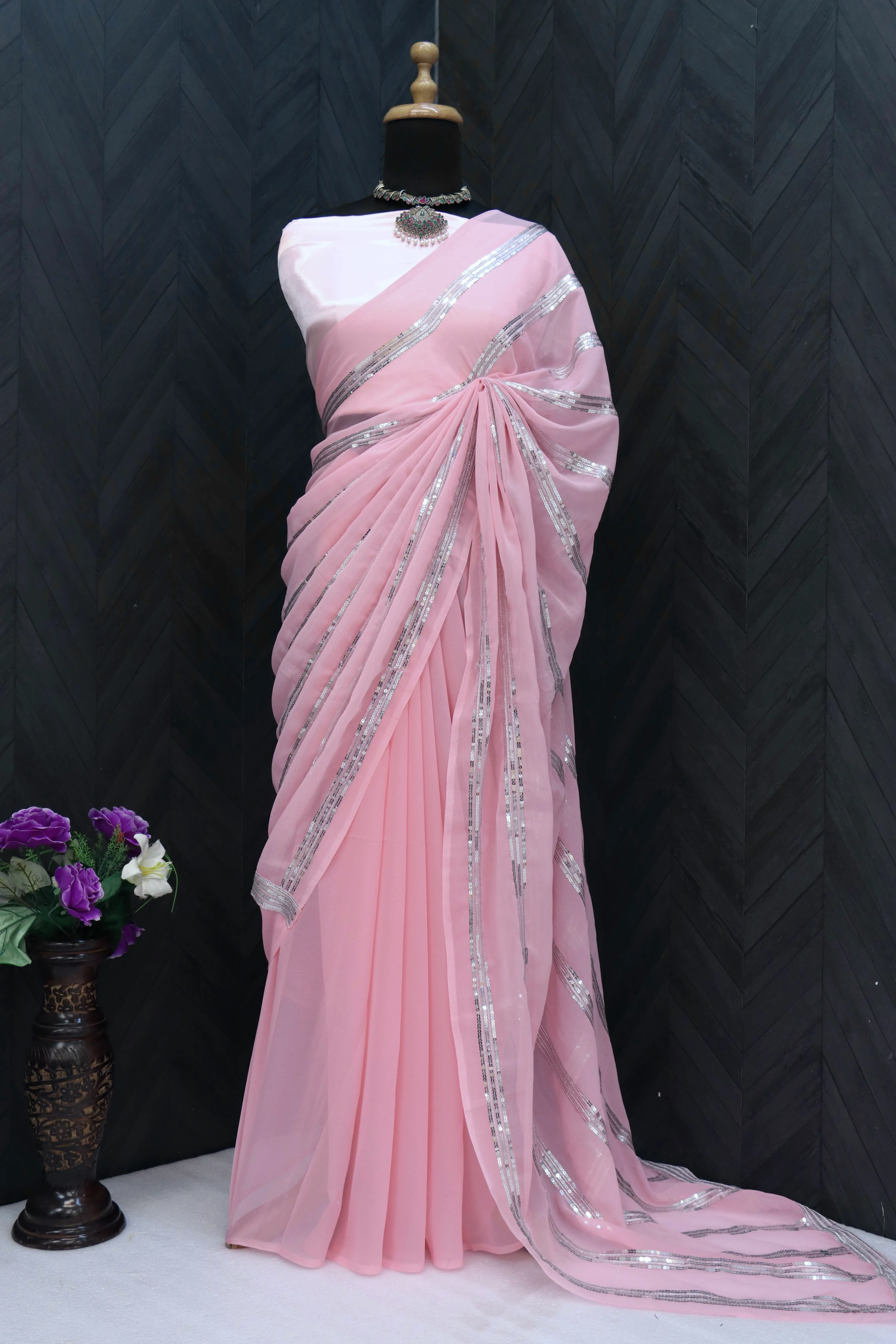 Shilpa Shetty Bollywood Designer Light Pink Sequence Work Party Wear Saree-4