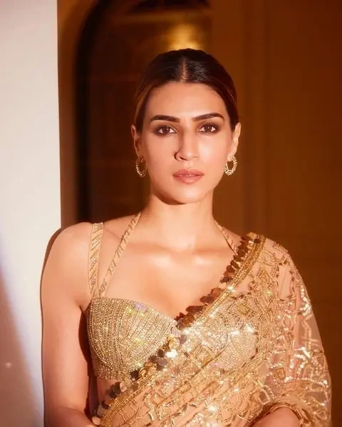 Kriti Sanon Gold Net Sequenced Worked Saree - Exquisite Thread &amp; Sequence Work-1