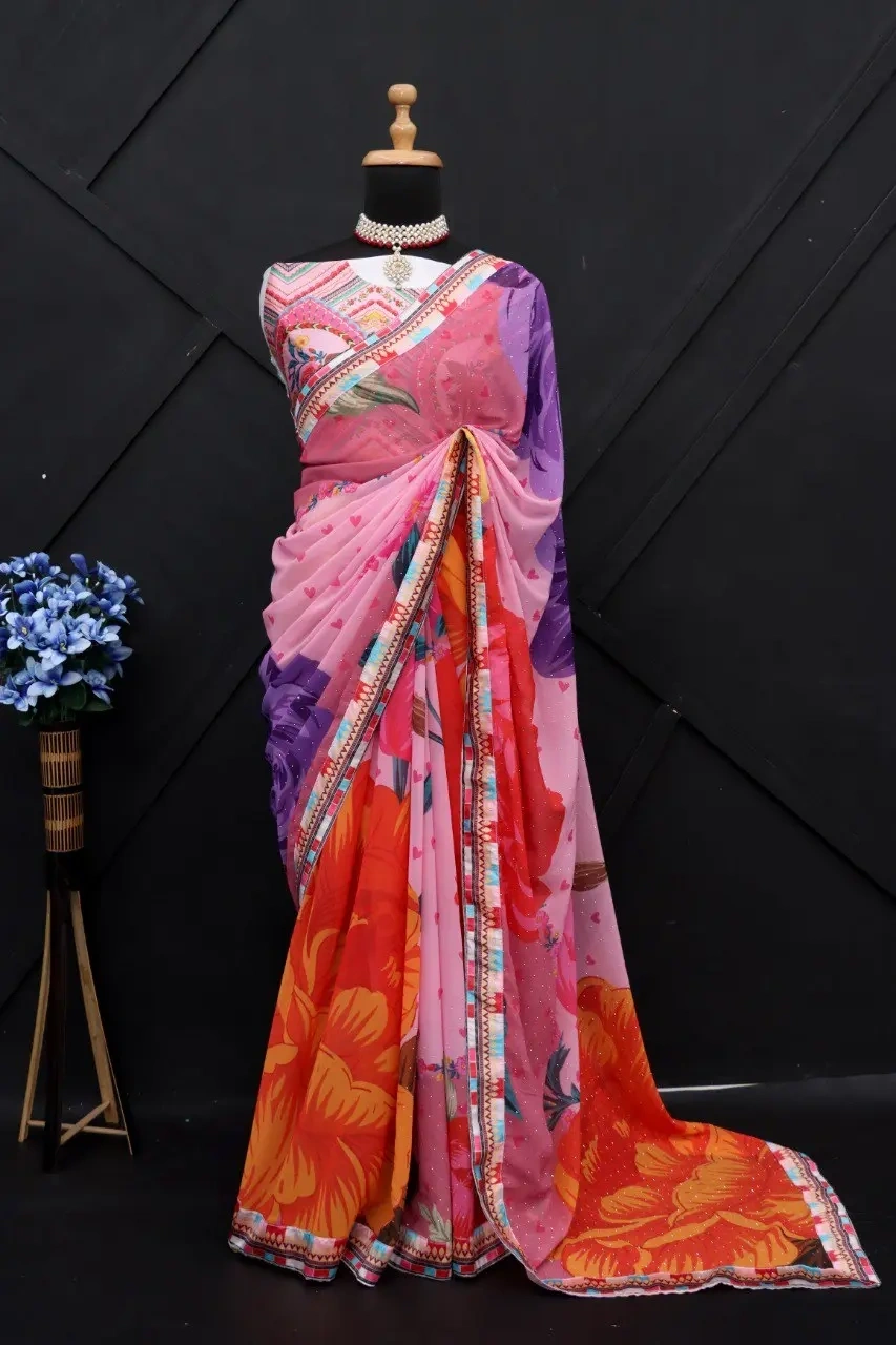 Sara Ali Khan Inspired Floral Georgette Saree with Swarovski Work &amp; Digital Print-4