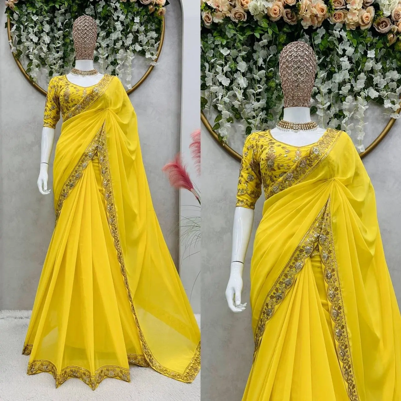 Superb Yellow Color Georgette Thread With Sequence Saree-1