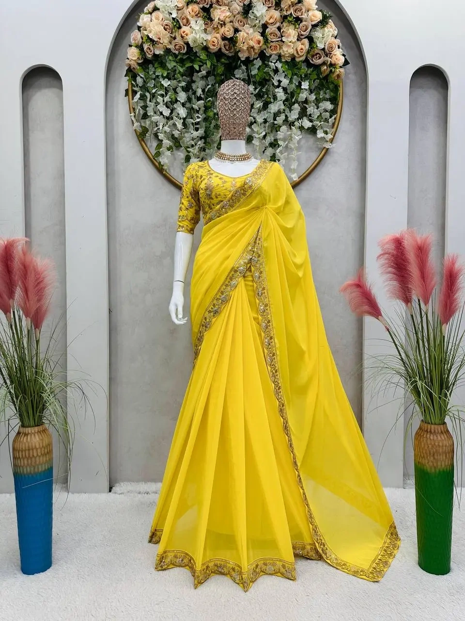 Superb Yellow Color Georgette Thread With Sequence Saree-2