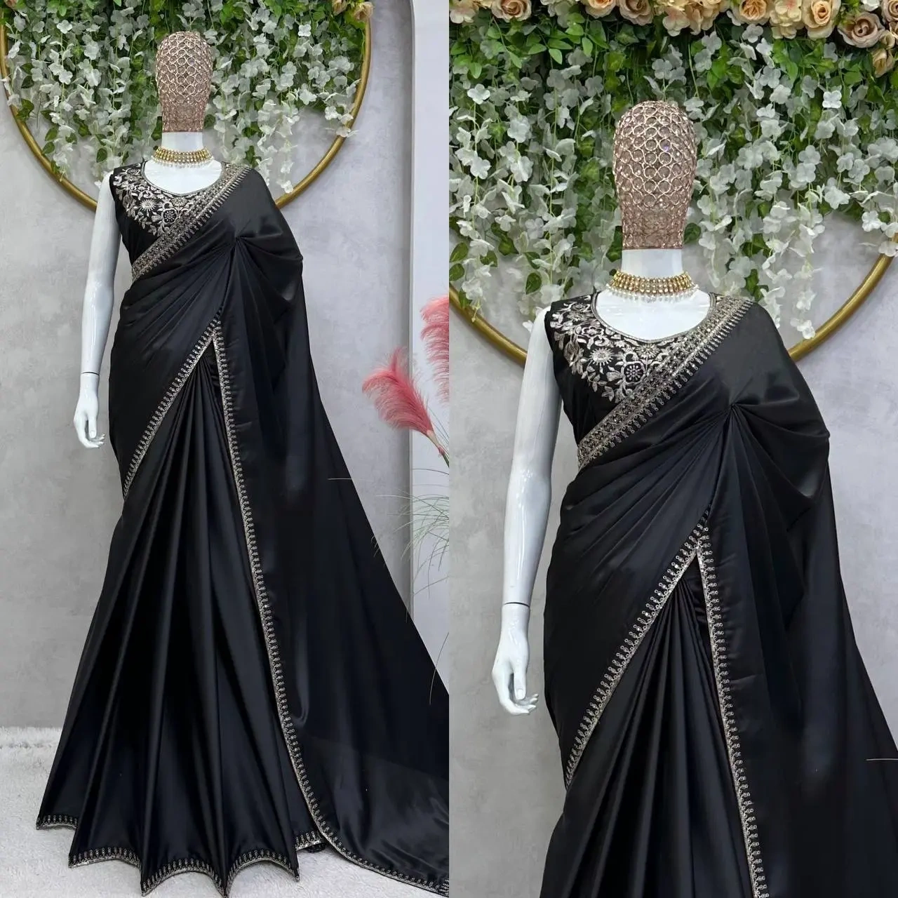 Elegant Black Satin Silk Sequence Work Saree with Unstitched Blouse Piece-1