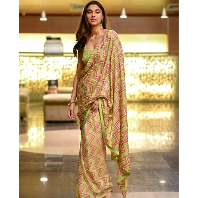 Priya Saiee Manjrekar Green Georgette Digital Printed Silk Lines Saree