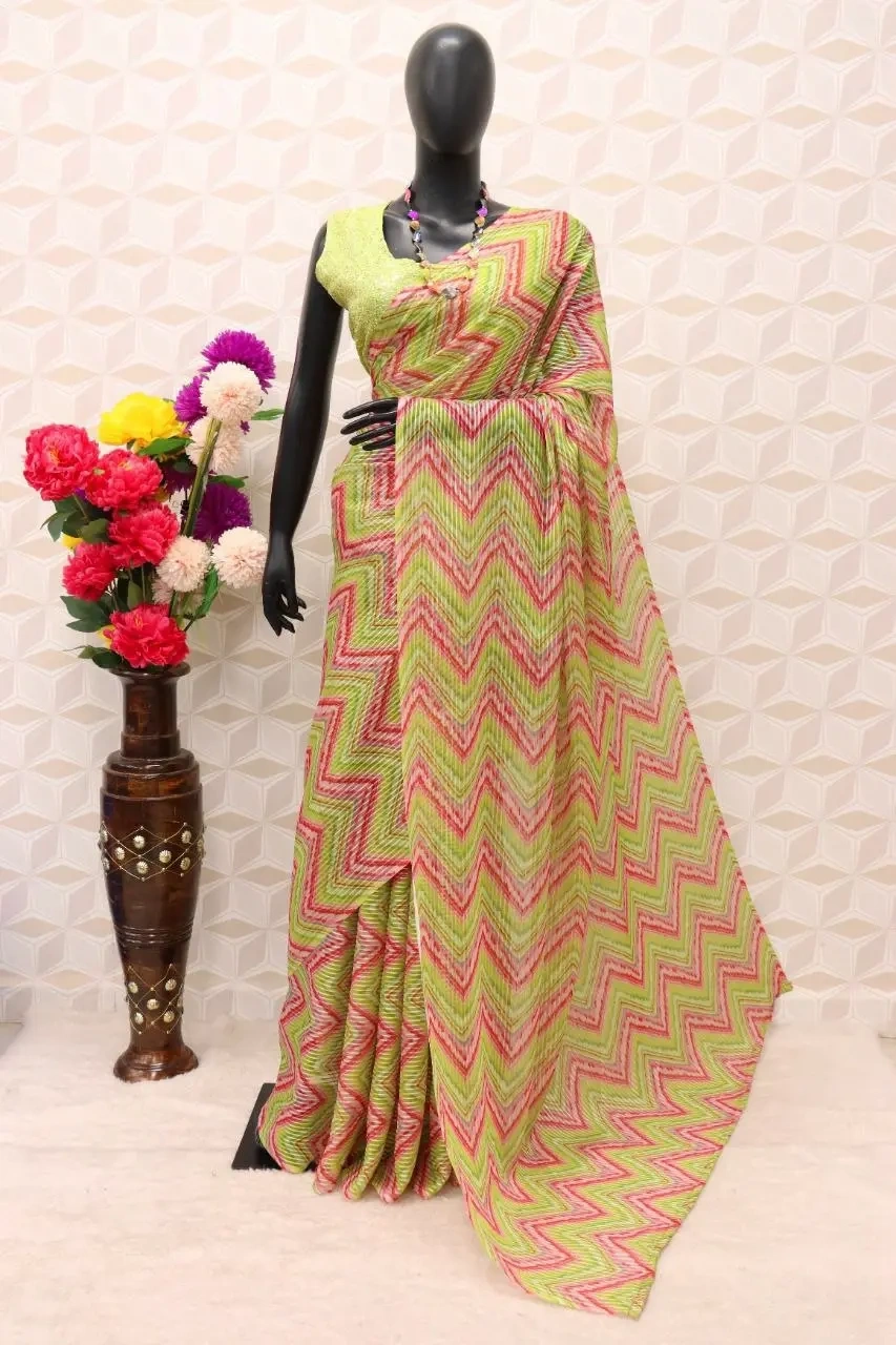 Saiee Manjrekar Green Georgette Digital Printed Silk Lines Saree-3