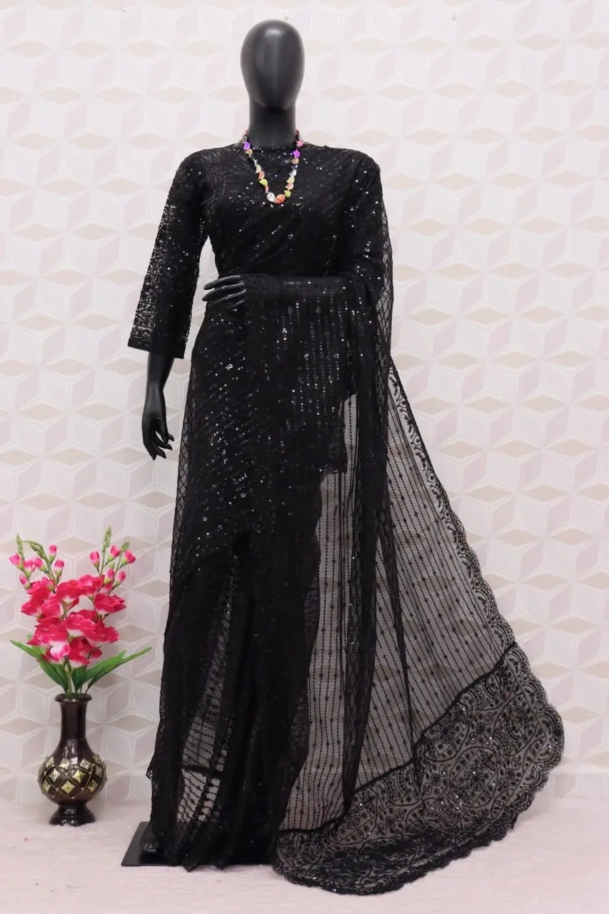 Deepika Padukone Black Nylon Butterfly Net Thread Work Saree-4