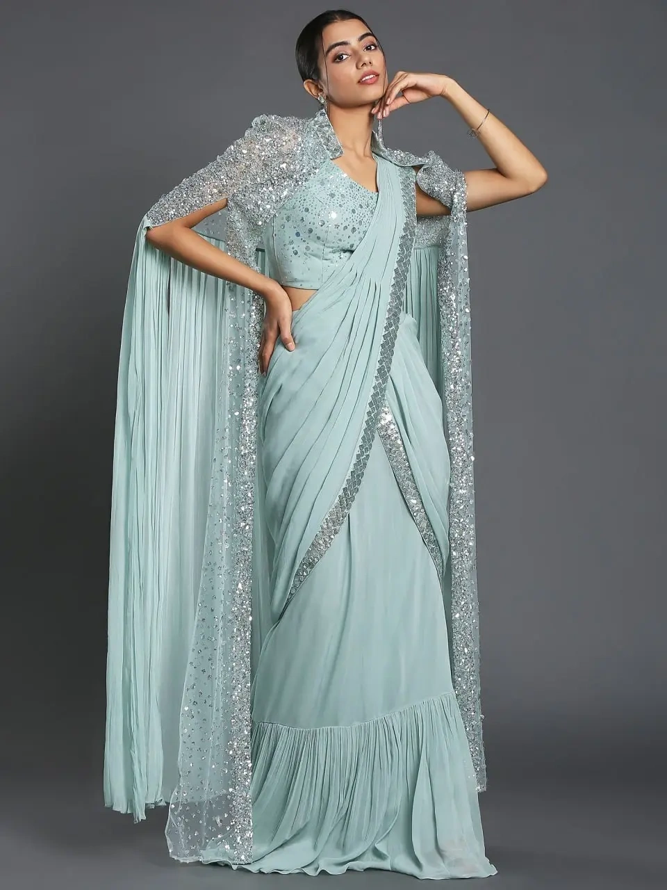 Enchanted Twilight Ready-to-Wear Sequin Jacket Georgette Saree-2