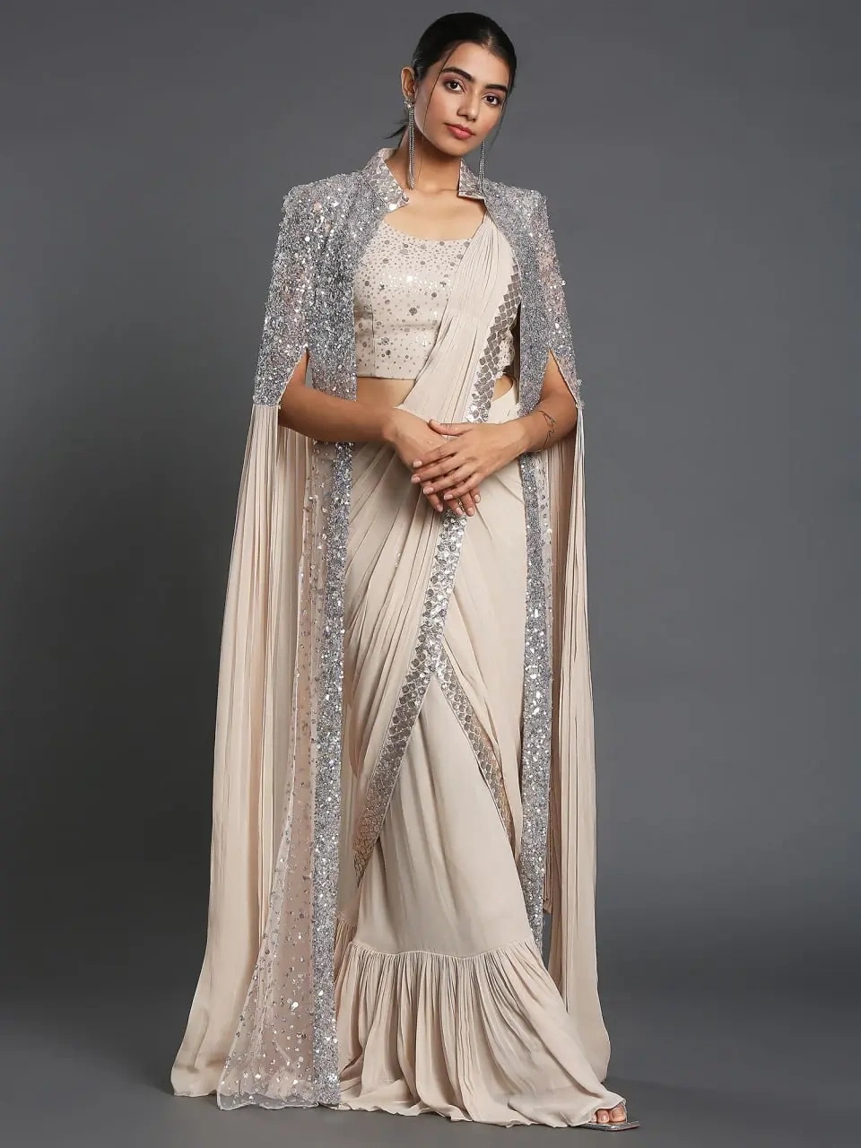 Enchanted Twilight Ready-to-Wear Sequin Jacket Georgette Saree-1