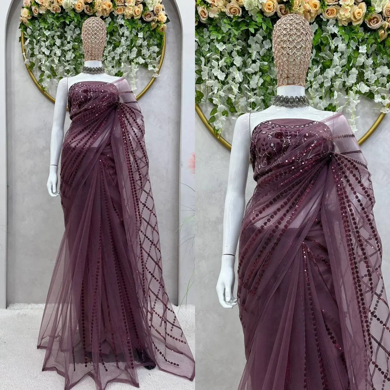 Fashionable Net Silk Sequence Work Saree - Exquisite Ethnic Attire for Women-KD464