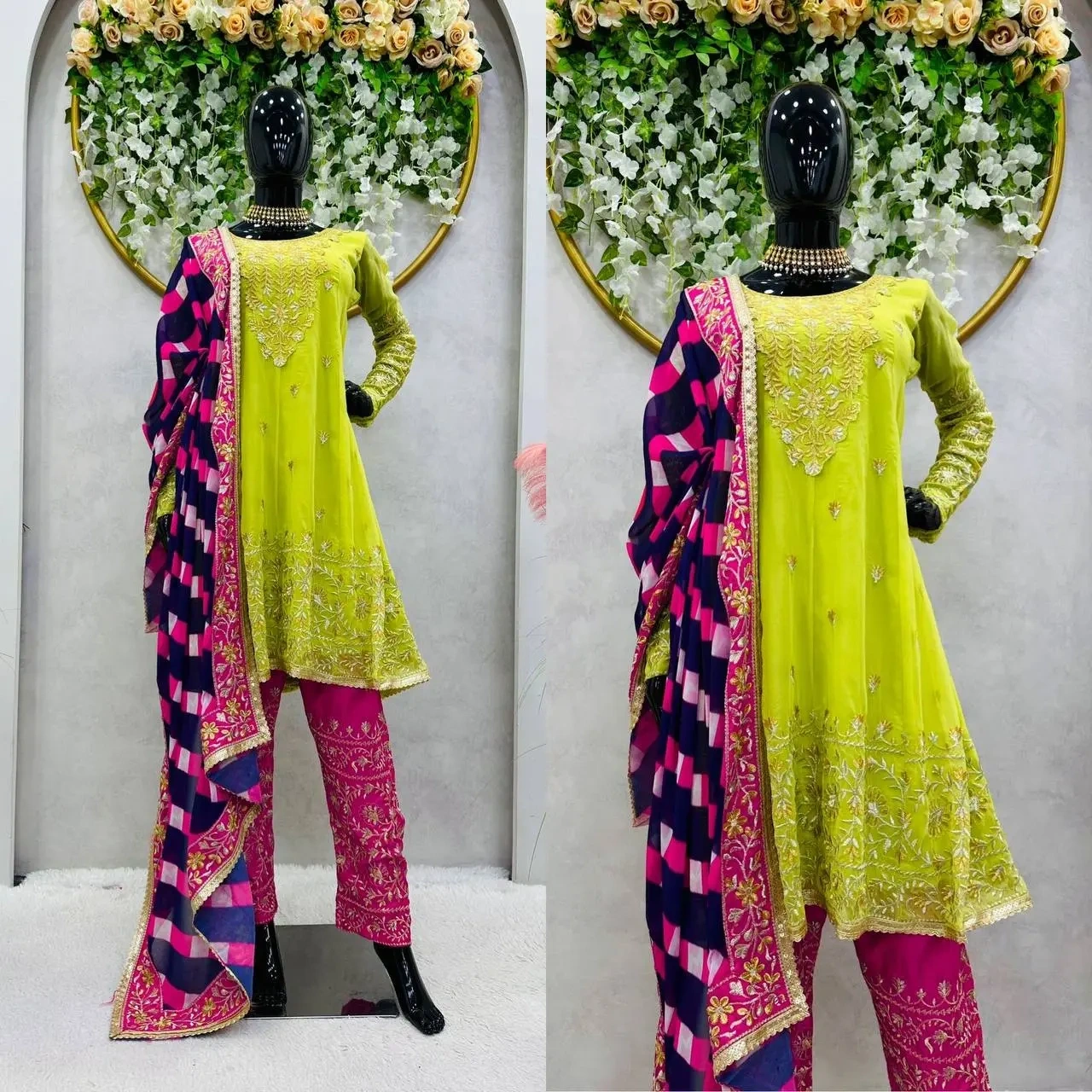 Heeramandi Aditi Rao Parrot Green Anarkali Suit Set with Dupatta-KD1455_M