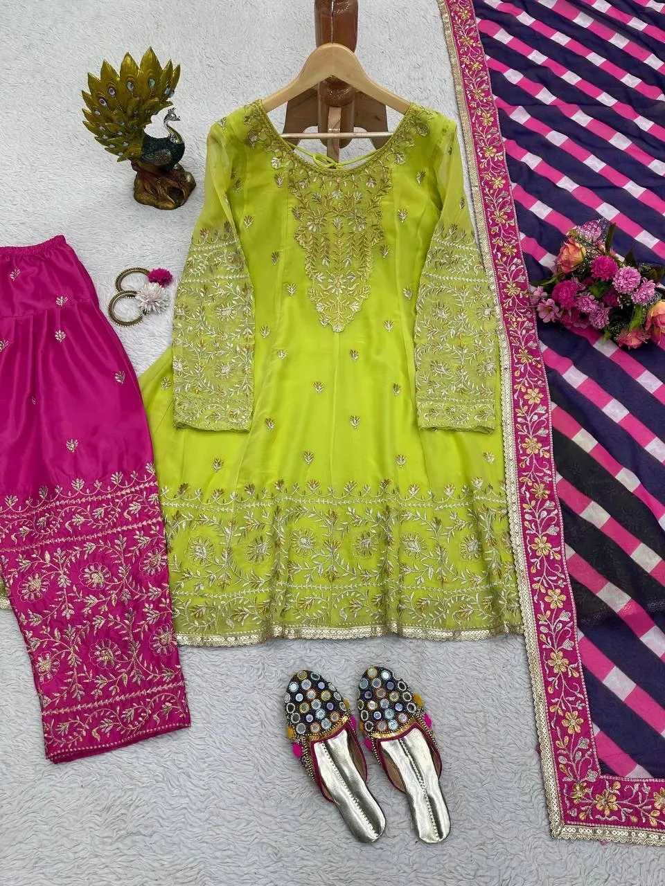 Heeramandi Aditi Rao Parrot Green Anarkali Suit Set with Dupatta-M-2