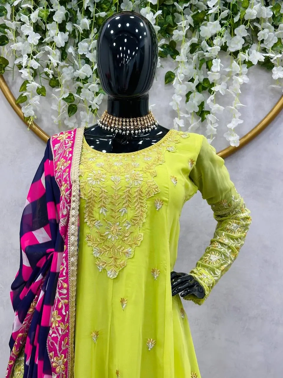 Heeramandi Aditi Rao Parrot Green Anarkali Suit Set with Dupatta-M-3