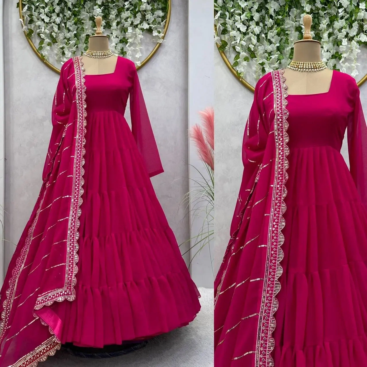 Pink Color Georgette Ruffle Style Dori Latkan Anarkali Suit-M-1