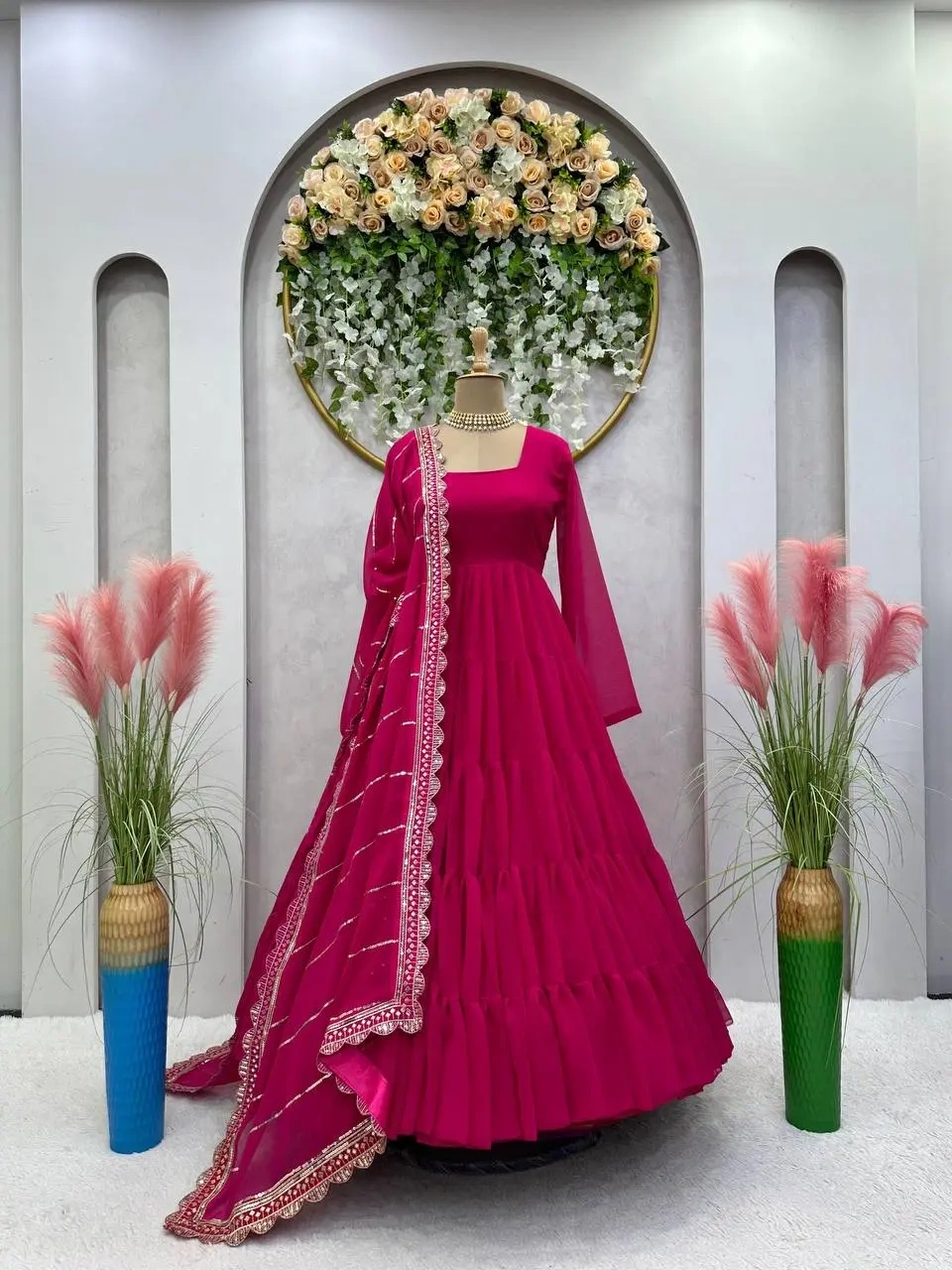 Pink Color Georgette Ruffle Style Dori Latkan Anarkali Suit-M-2