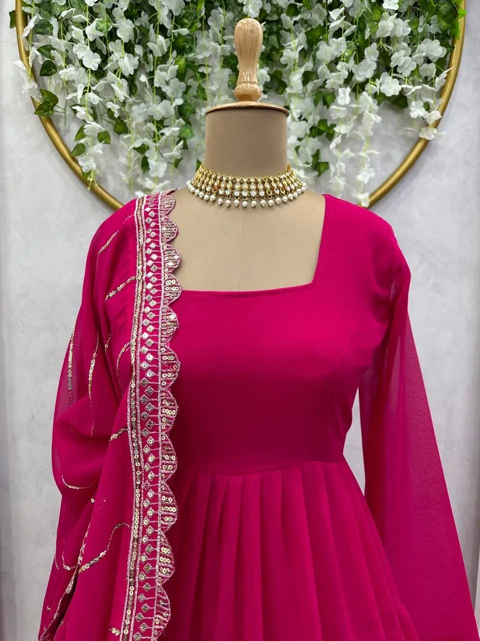 Pink Color Georgette Ruffle Style Dori Latkan Anarkali Suit-M-5