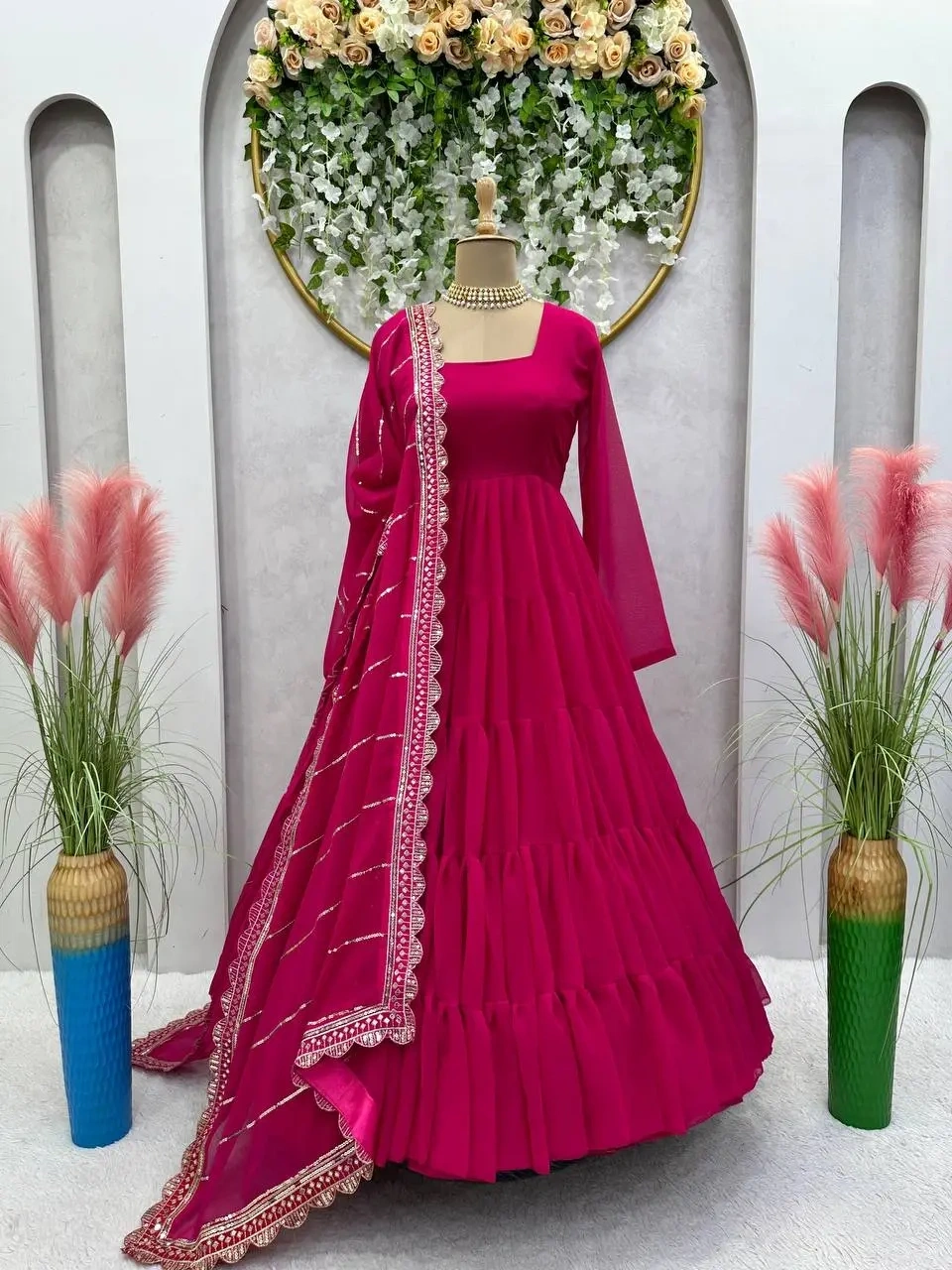 Pink Color Georgette Ruffle Style Dori Latkan Anarkali Suit-L-3