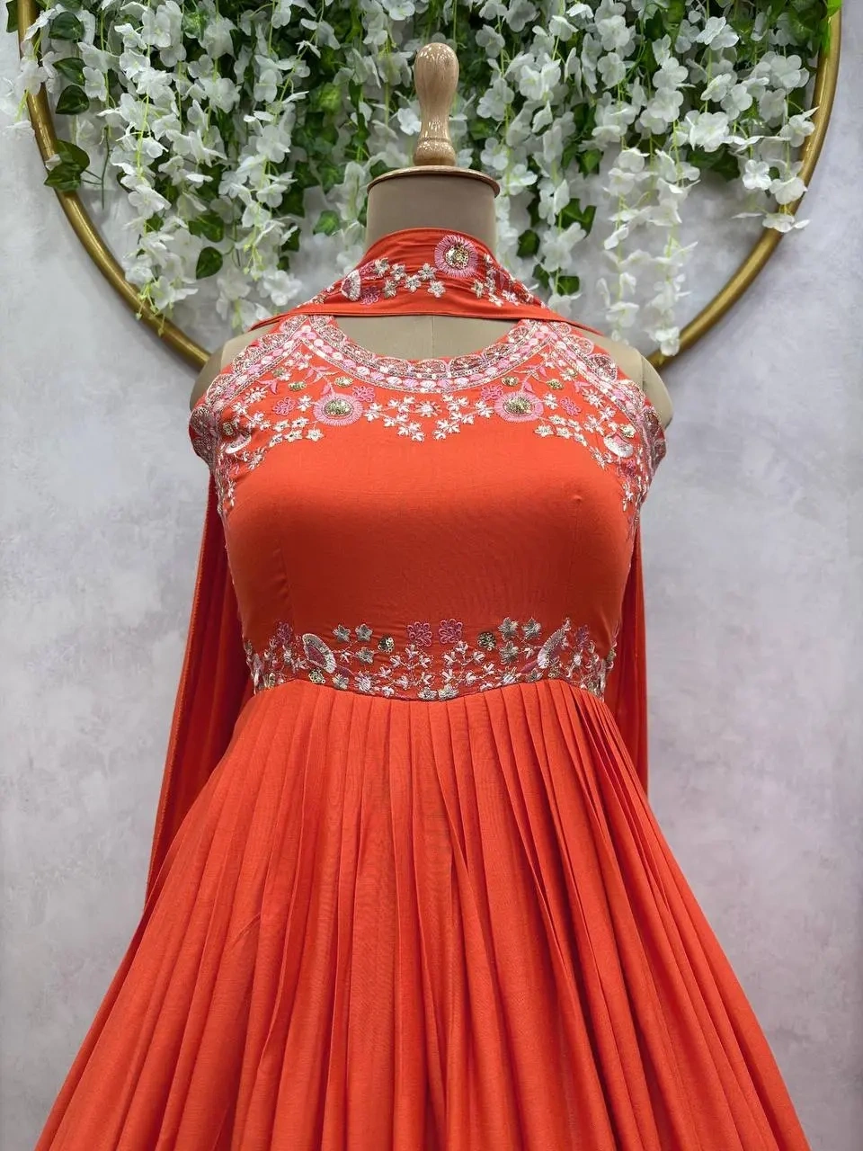 Majestic White Color Maslin silk Thread Work Anarkali Suit-Orange-L-3