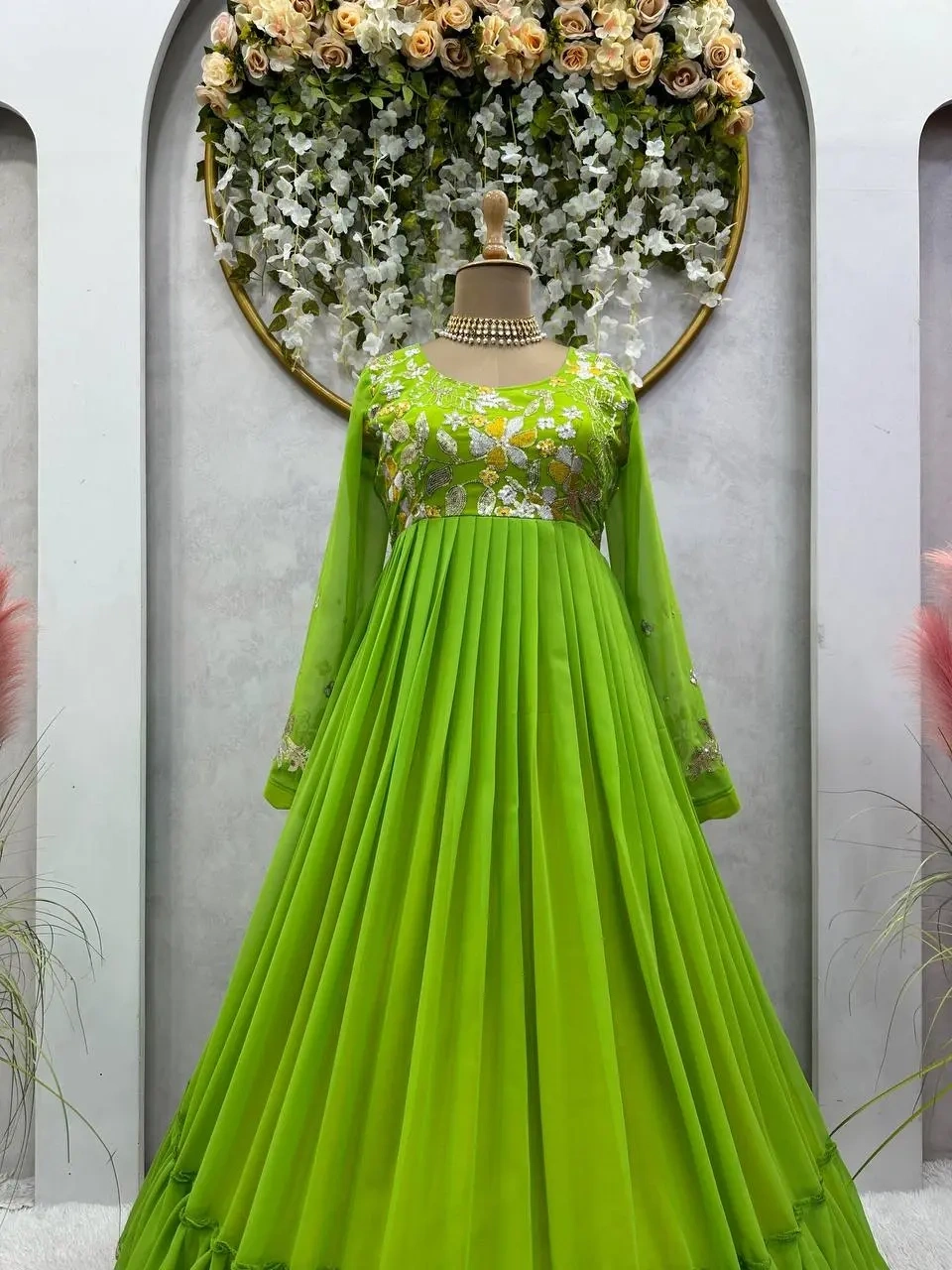 Green Color Georgette Thread and Sequence Work Gown-Green-M-2