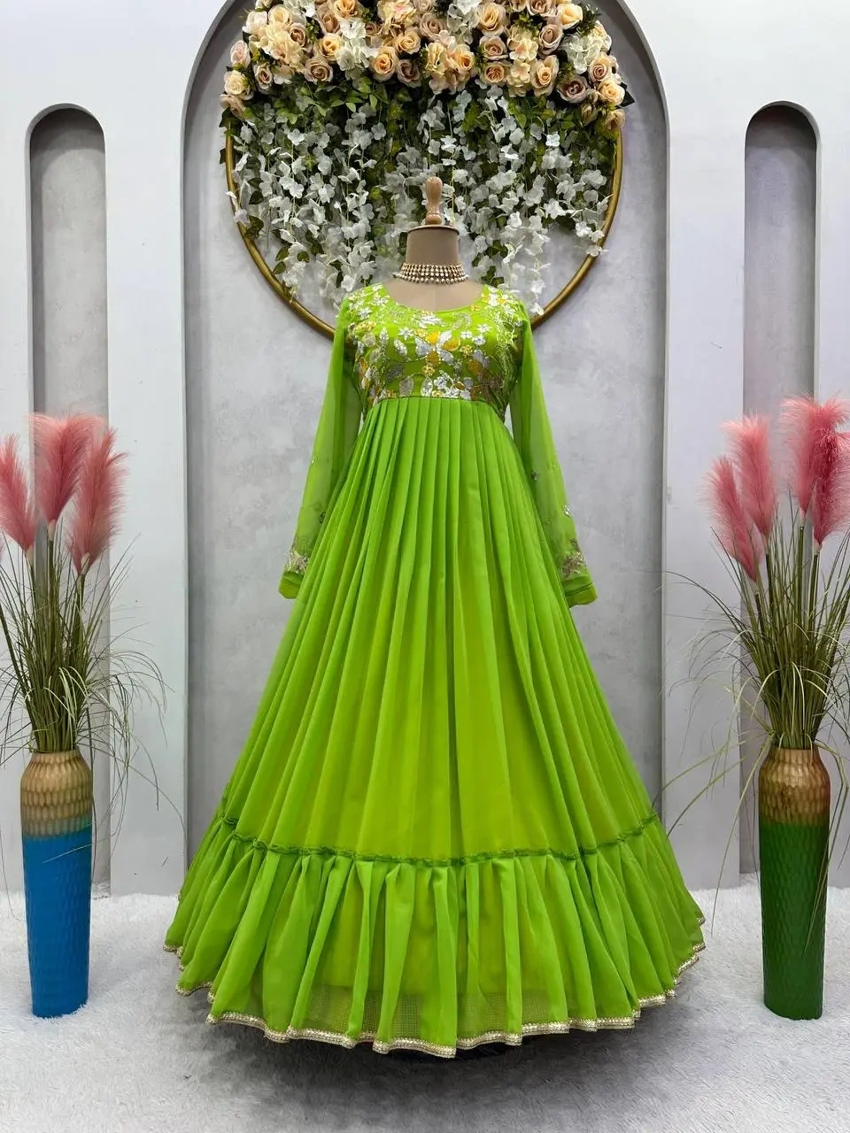 Green Color Georgette Thread and Sequence Work Gown-Green-M-3