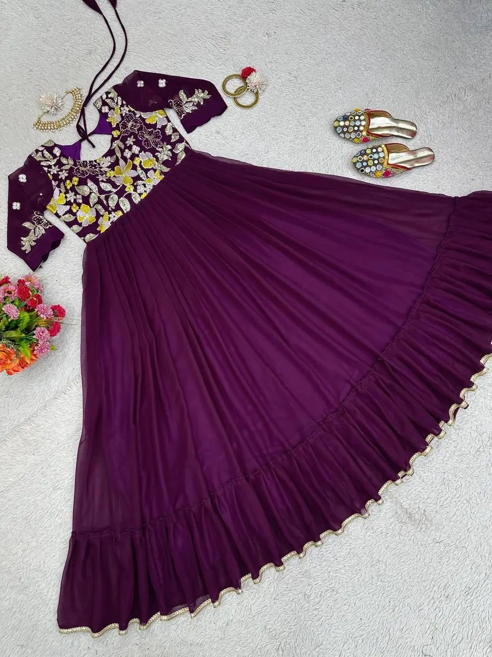 Purple Colour Georgette Thread and Sequence Work Gown-Purple-M-5