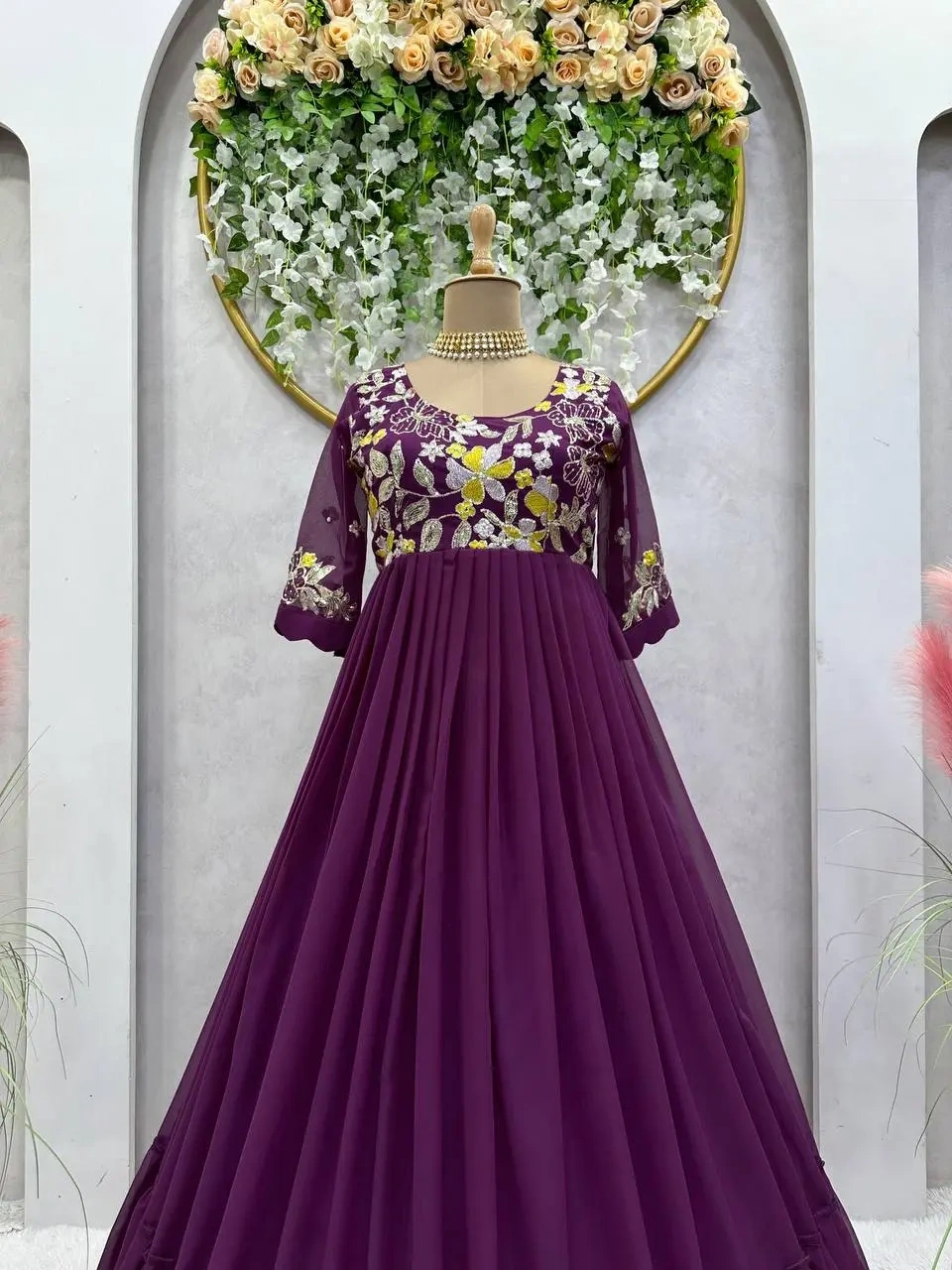 Purple Colour Georgette Thread and Sequence Work Gown-Purple-L-3