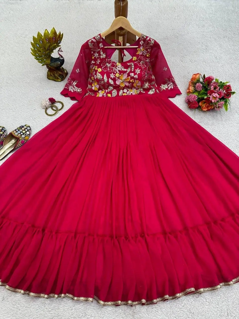 Pink Color Georgette Thread and Sequence Work Gown-Red-L-4