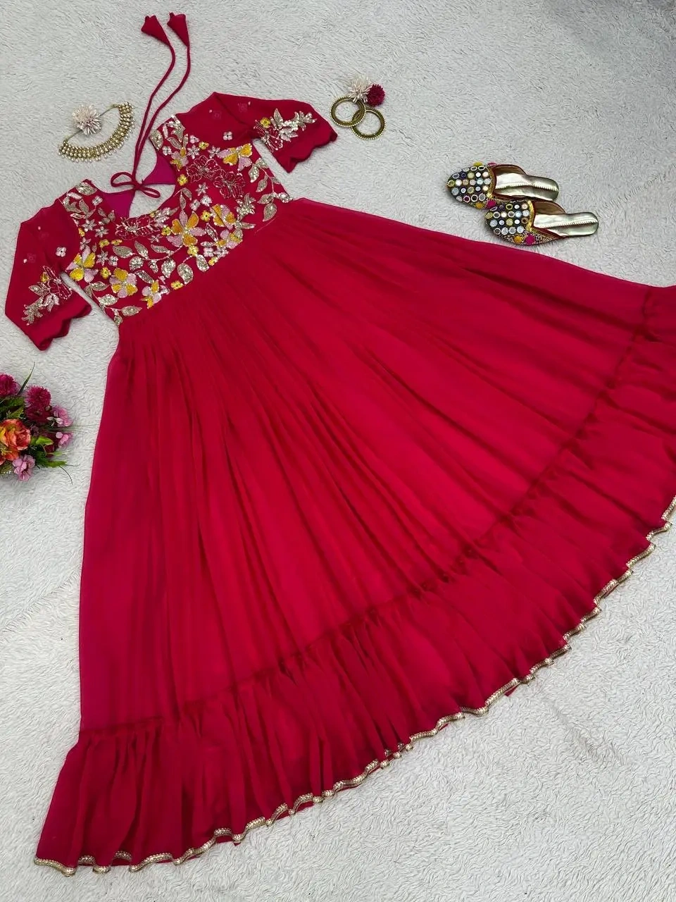 Pink Color Georgette Thread and Sequence Work Gown-Red-L-5