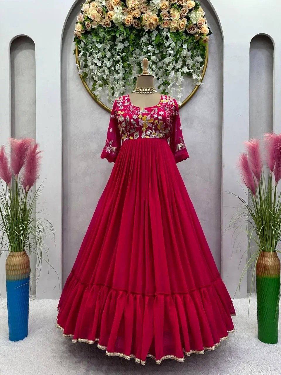 Pink Color Georgette Thread and Sequence Work Gown-Red-XL-3