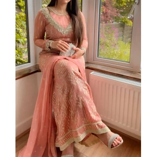 Perfect Peach Color Georgette Thread And Sequence Salwar Suit