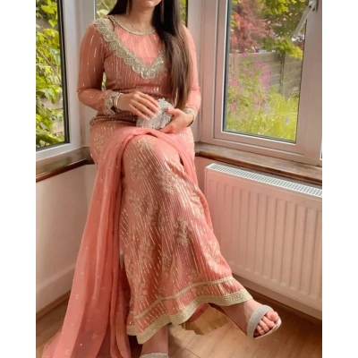 Perfect Peach Color Georgette Thread And Sequence Salwar Suit
