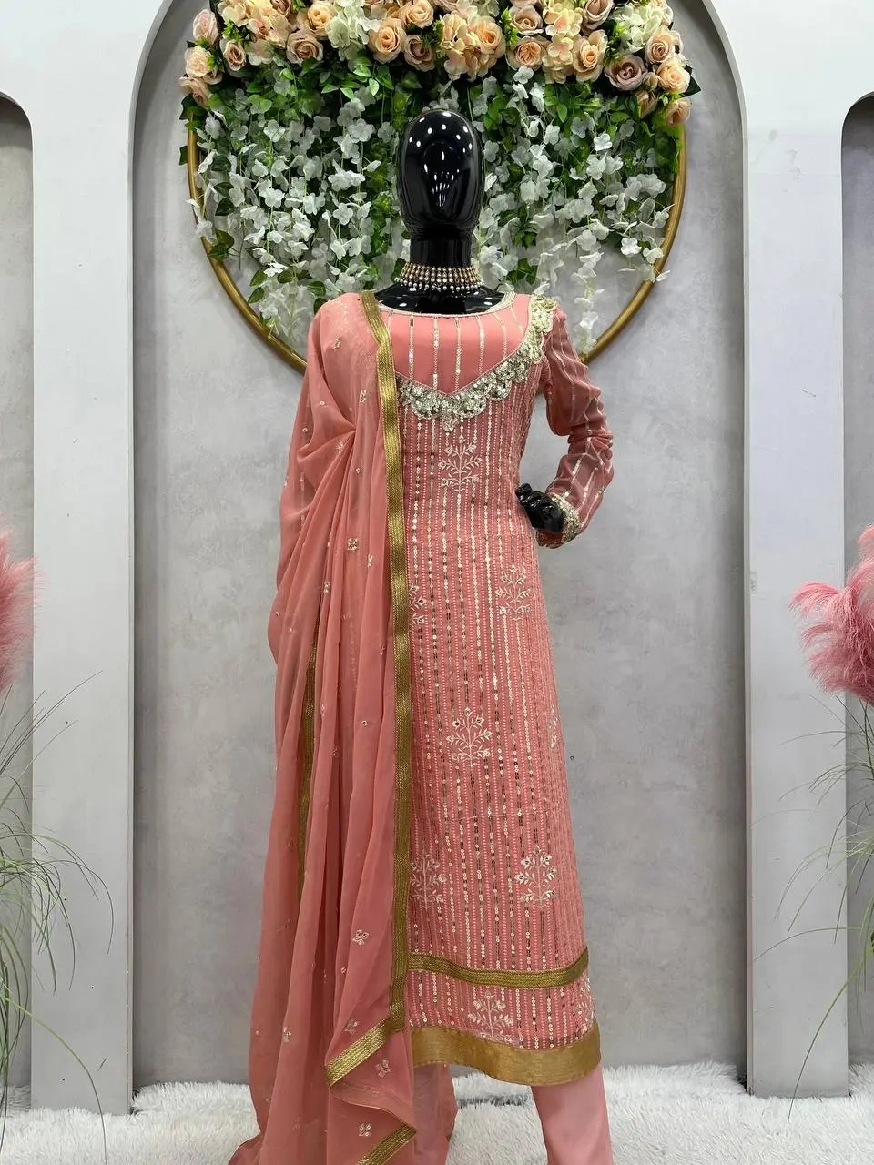 Perfect Peach Color Georgette Thread And Sequence Salwar Suit-Peach-L-4