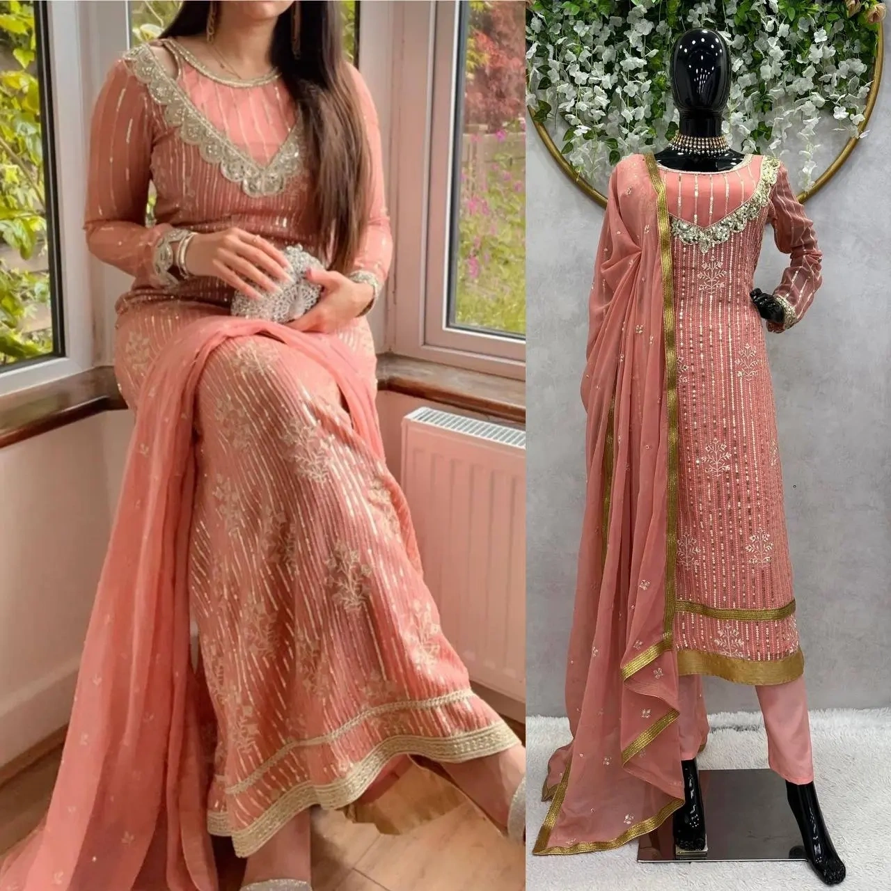 Perfect Peach Color Georgette Thread And Sequence Salwar Suit-Peach-XL-1