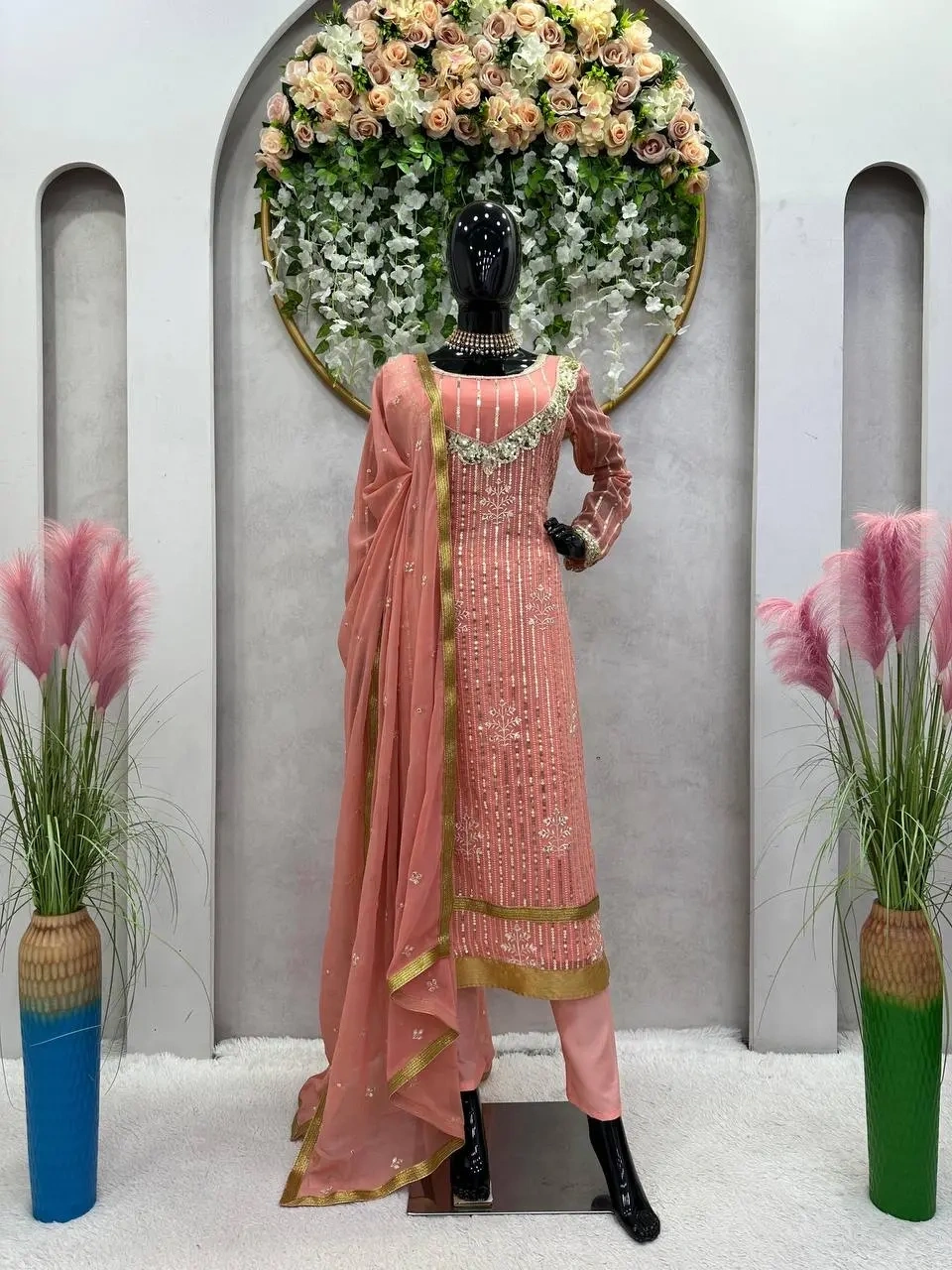 Perfect Peach Color Georgette Thread And Sequence Salwar Suit-Peach-XL-3