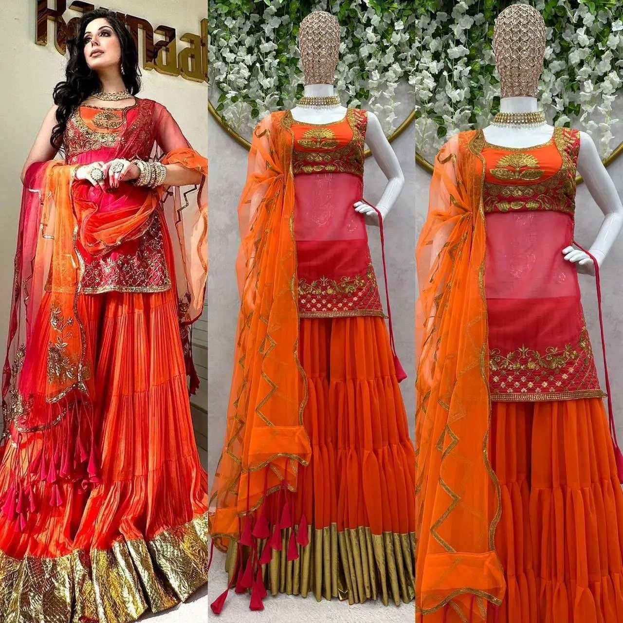 Exclusive Orange &amp; Red Pure Georgette Sequence Work Sharara Suit-M-1