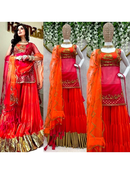 Exclusive Orange &amp; Red Pure Georgette Sequence Work Sharara Suit-M-1