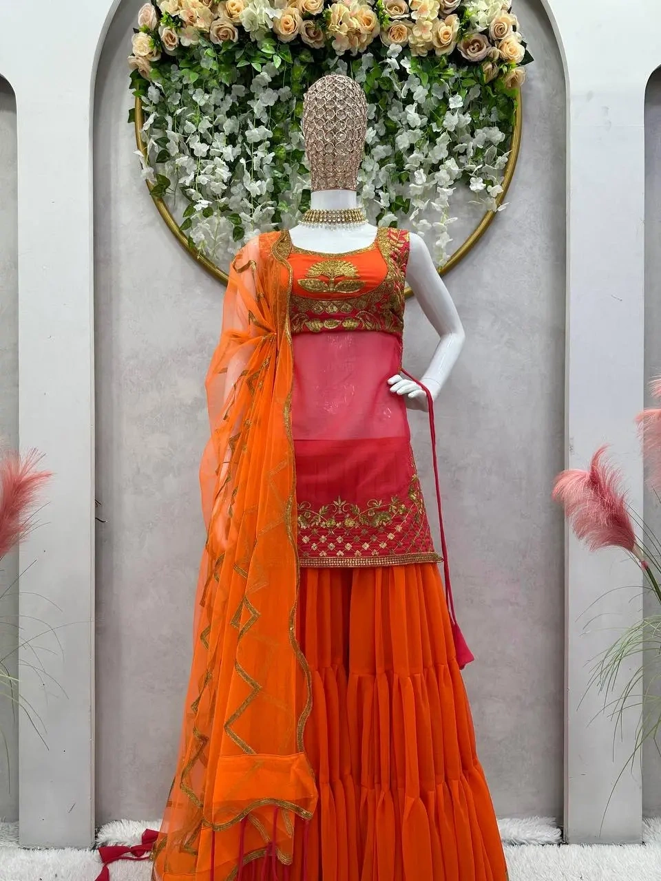 Exclusive Orange &amp; Red Pure Georgette Sequence Work Sharara Suit-L-4