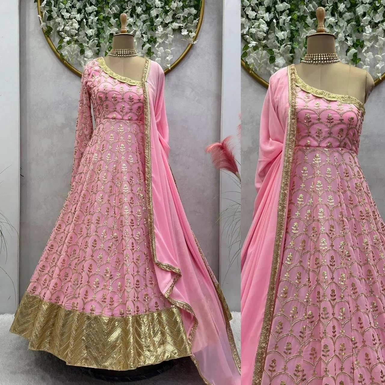 Aglow Pink Color Georgette Thread With Sequence Salwar Suit-M-1