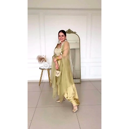 Riya Gold Color Designer Indian Choli With Dhoti and Shrug in Satin and Embroidery