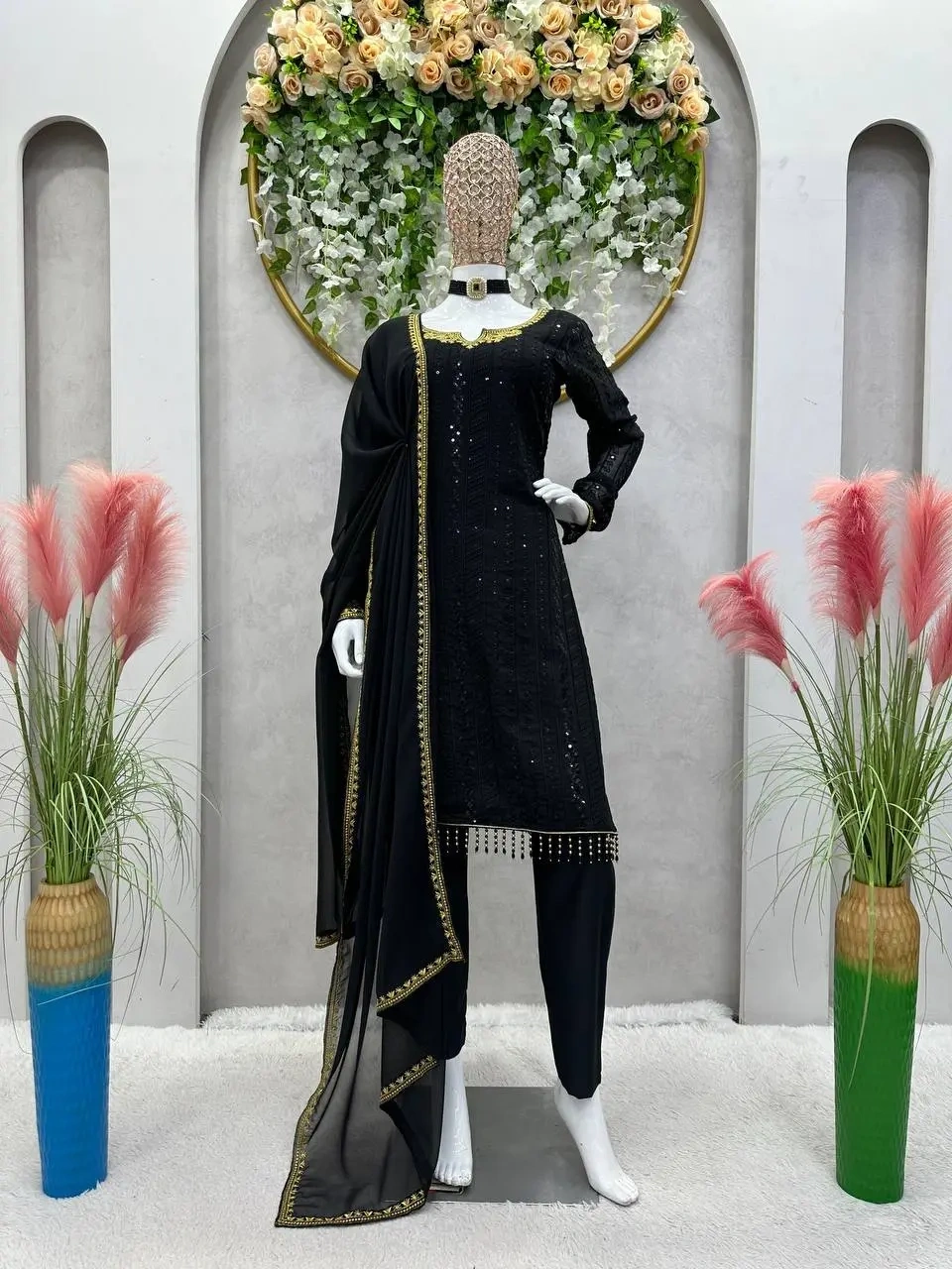 Musical Black Color Georgette Thread Sequence Work Salwar Suit-Black-M-2